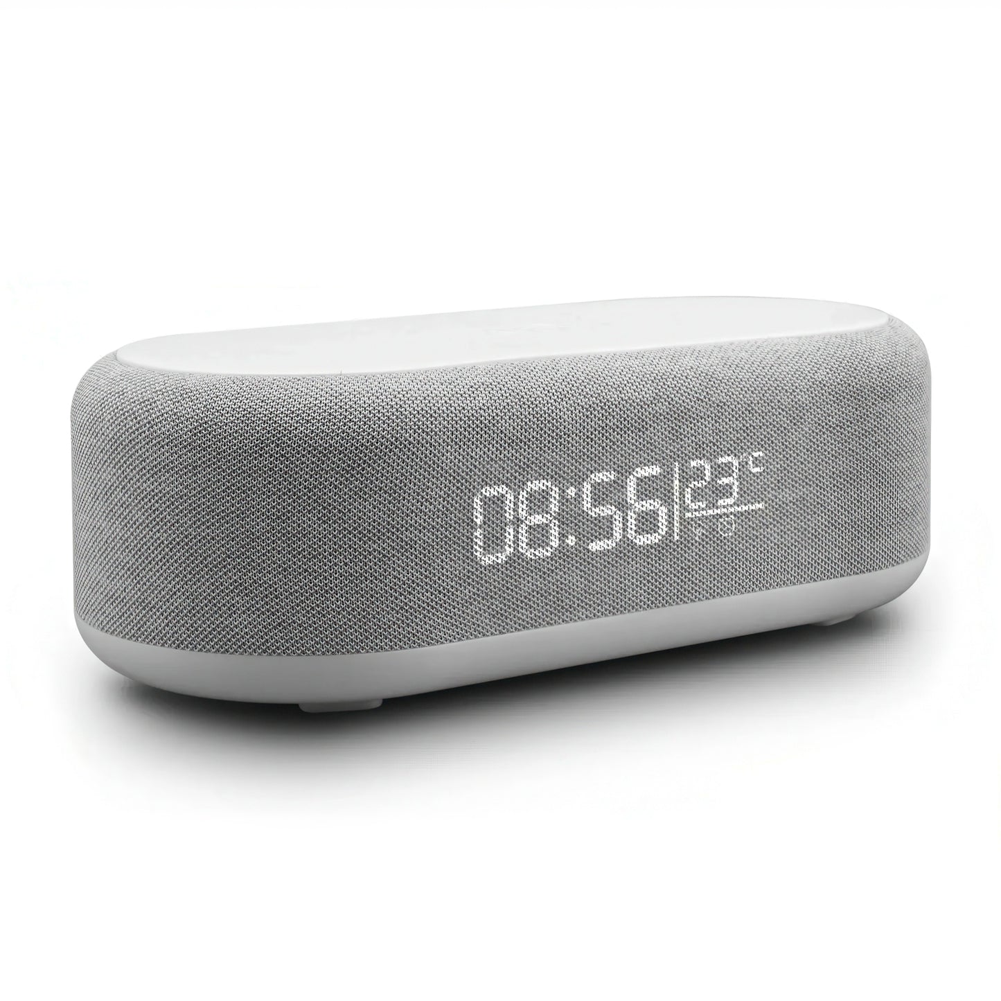 Gray and white rectangular digital clock with wireless charging on a white background