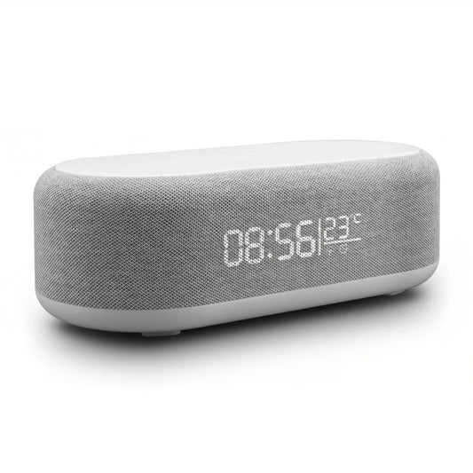 Gray and white rectangular digital clock with wireless charging on a white background