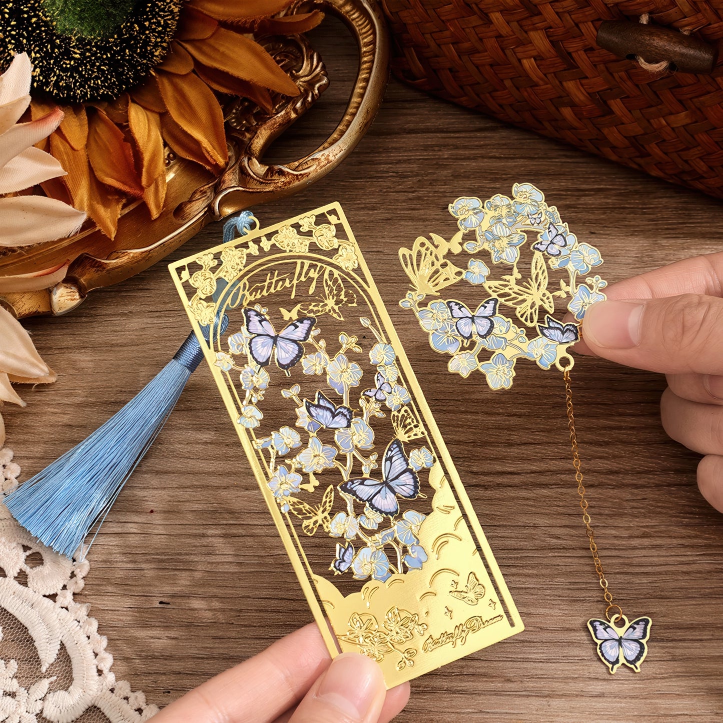 Dreamy Butterflies with Flowers Metal Bookmark