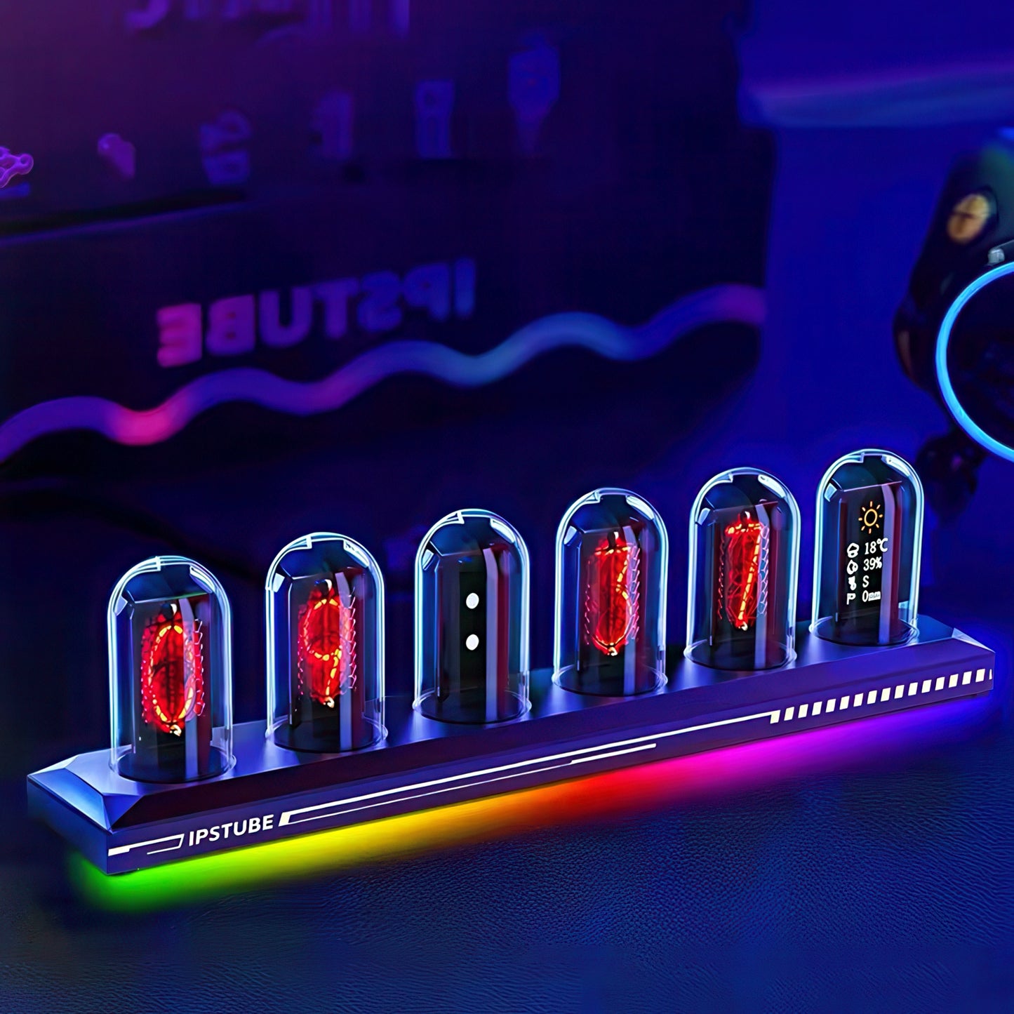 Nixie tube clock with RGB lighting on a dark background