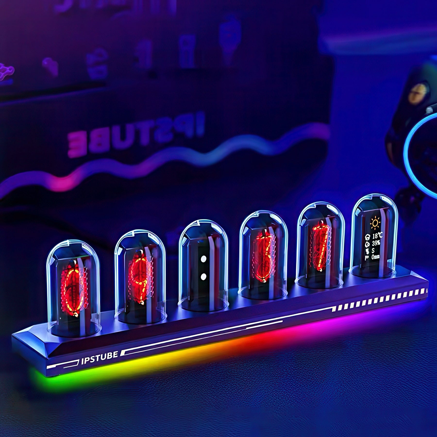 Nixie tube clock with RGB lighting on a dark background