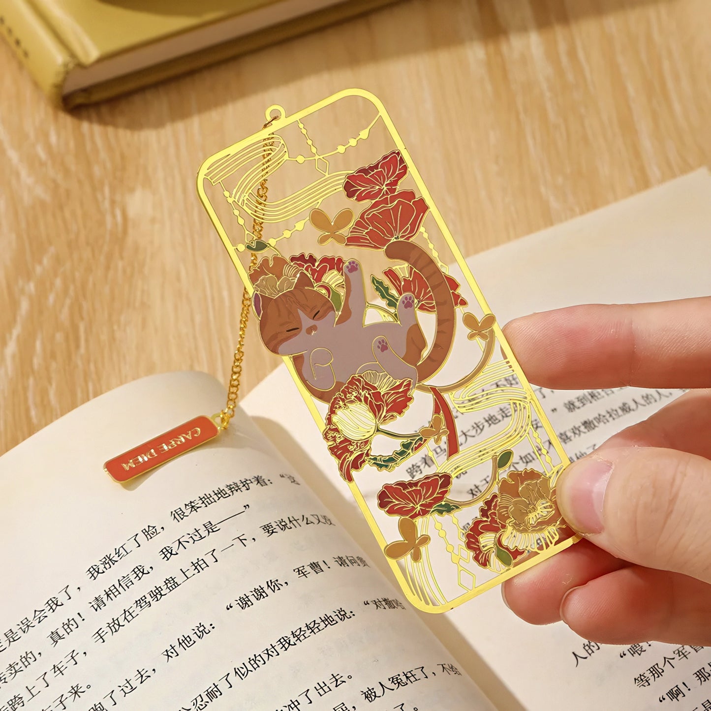 Cat and Flowers Themed Metal Bookmark