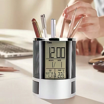Metal Mesh Pen Holder with Digital Alarm Clock