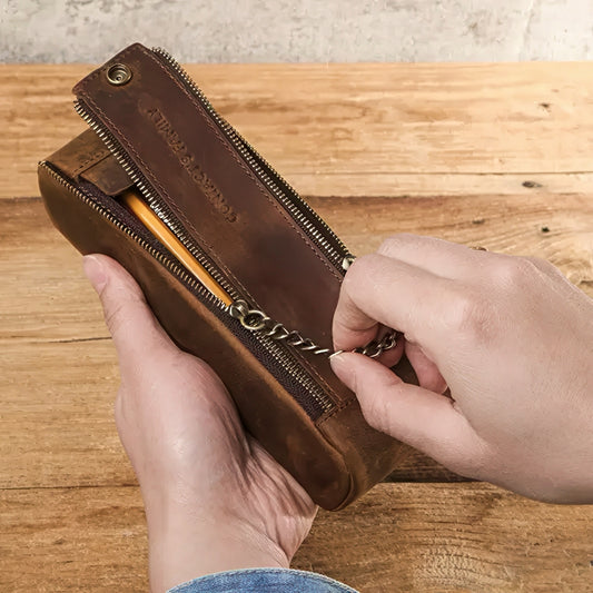 Large Capacity Cowhide Leather Pencil Case with Parallel Zipper