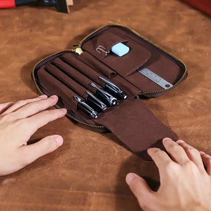 Multi Compartments Dyed Cowhide Leather Pen Case