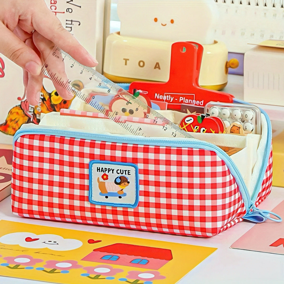 Extra Large Capacity Plaid Pencil Case