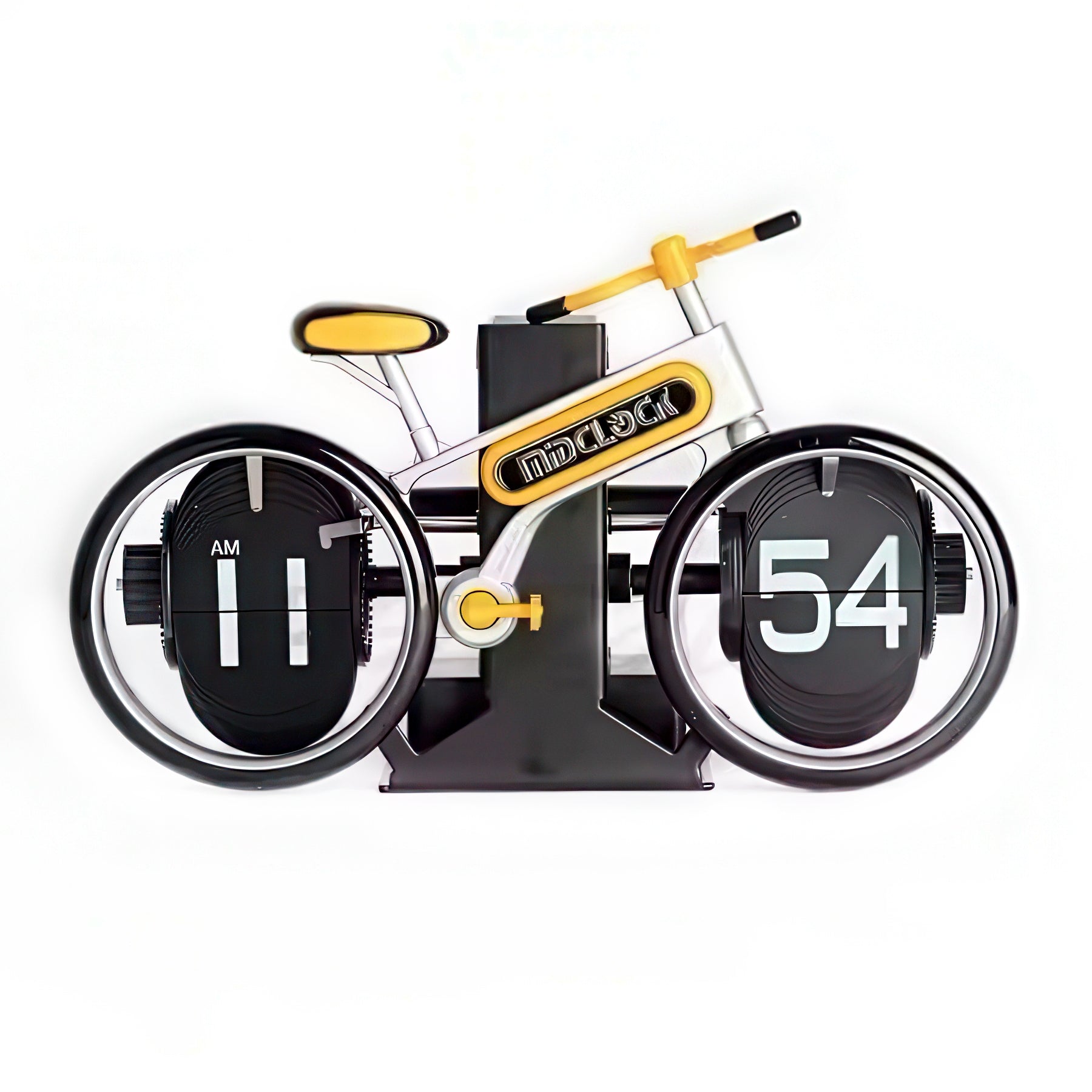 Bicycle-shaped clock with black wheels and yellow accents on a white background