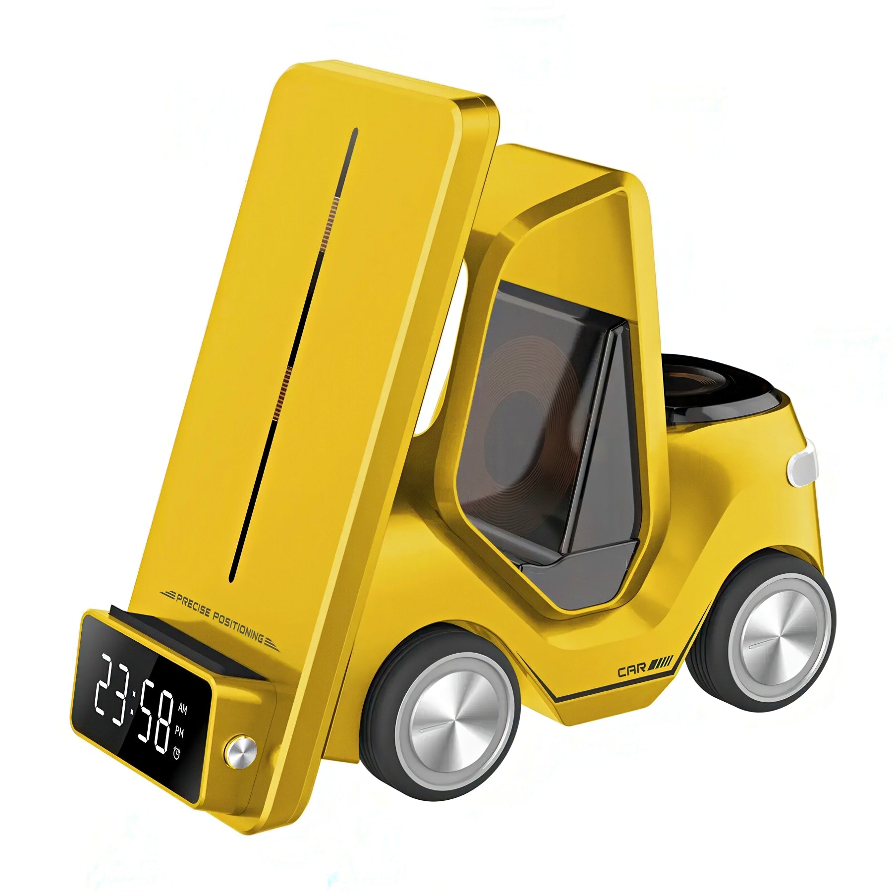 Yellow forklift-shaped wireless charger with digital clock on a white background