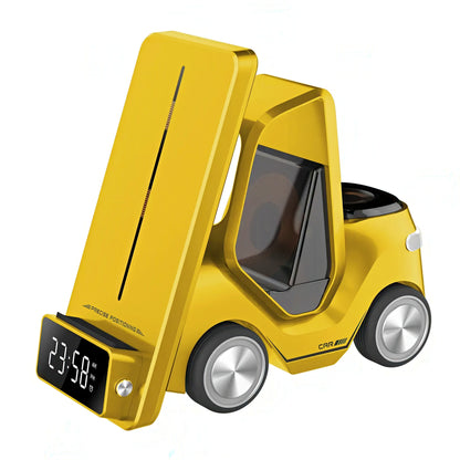 Yellow forklift-shaped wireless charger with digital clock on a white background