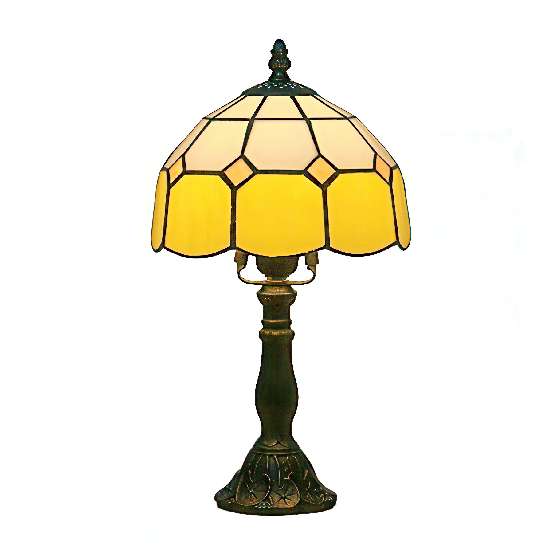 Table lamp with stained glass shade on a white background